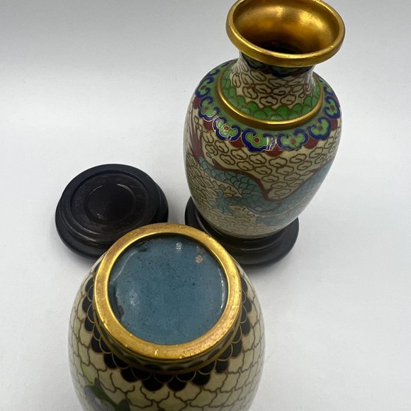 Pair of Vintage Chinese Cloisonne Dragon/Lotus Vases Carved Wood Stand Circa Lat - Picture 6 of 9